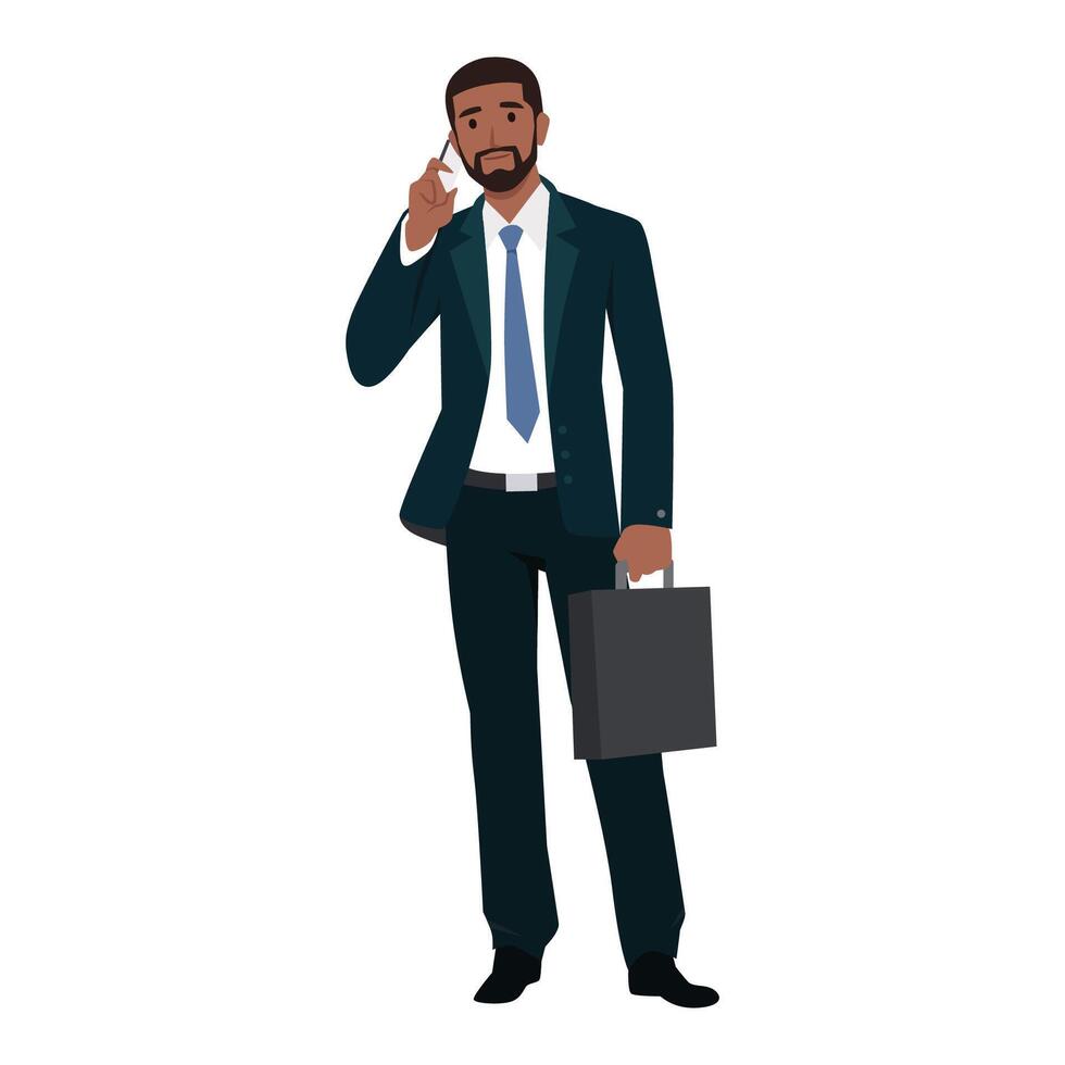 Young businessman holding a suitcase or briefcase. Businessman talking on the phone vector