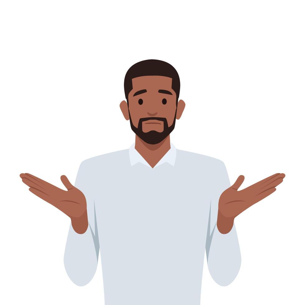 Gesture oops, sorry or I do not know. Black man shrugs and spreads his hands. vector