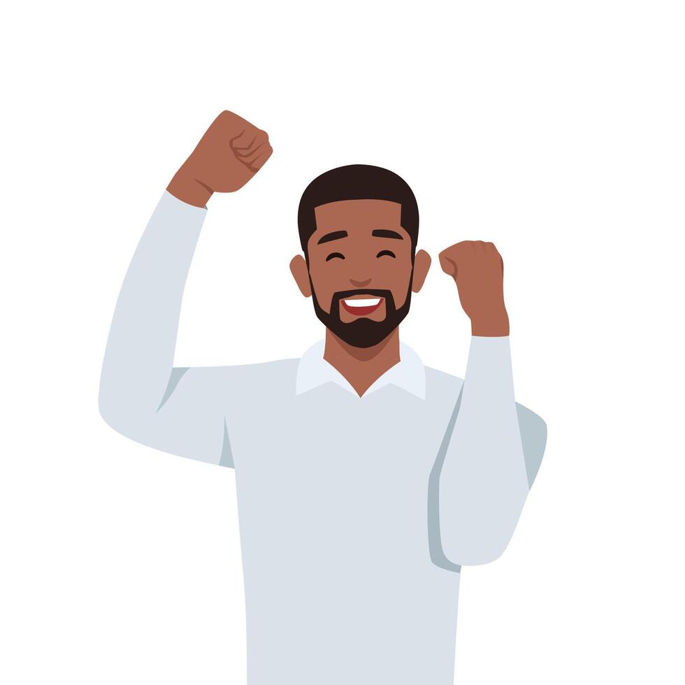 Young black man winning at work. Businessman with strong emotions on his face. Fist up happy. vector