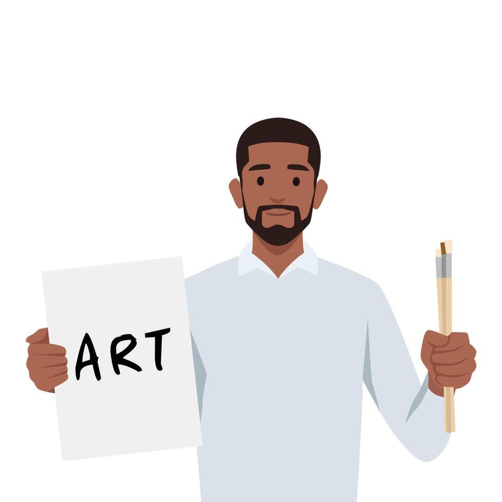 Young man holding paper with art written on it and holding paint brushes ready to paint. vector
