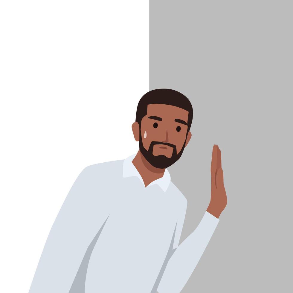 Young man eavesdropping ear hand listen overhear spy out corner. vector