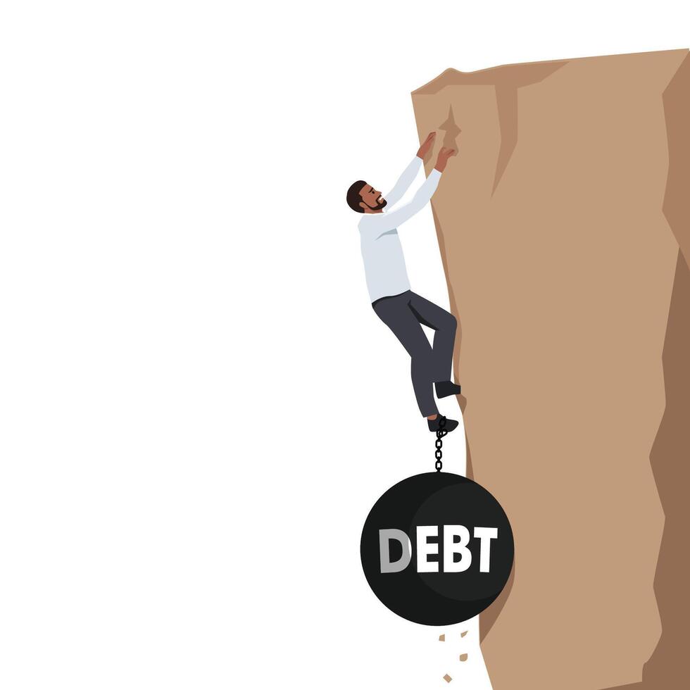 Young business man try hard to climb up the cliff but debt burden bring him down. vector
