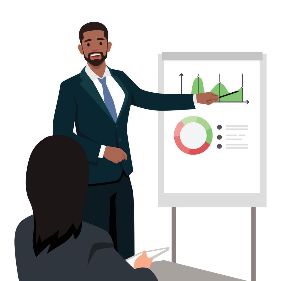 Young man manager employee presenting new business strategy project. vector