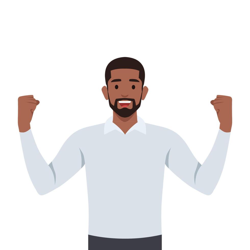 Young black man winning at work. Businessman with strong emotions on his face. Fist up happy. vector