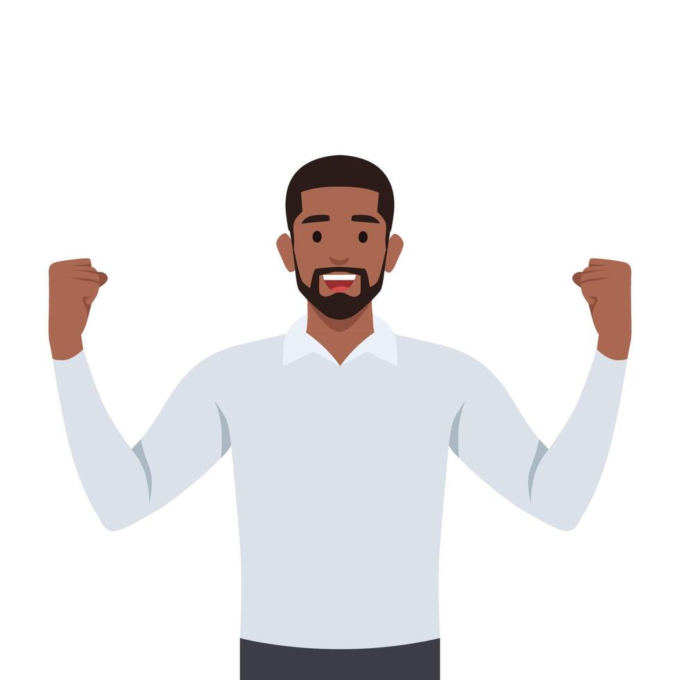 Young black man winning at work. Businessman with strong emotions on his face. Fist up happy. vector