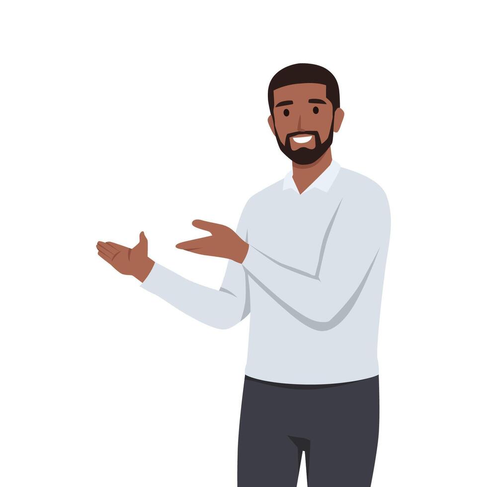 Young Man pointing away hands together and showing or presenting something while standing. vector