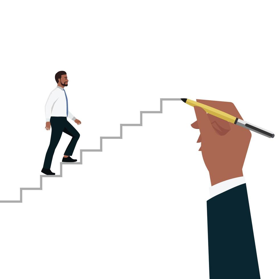 Young man is climbing career ladder. Human hand drawing stairs close up. vector