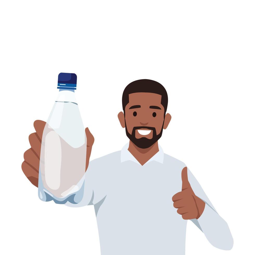Healthy young black man showing bottle of mineral water and give thumb up. vector