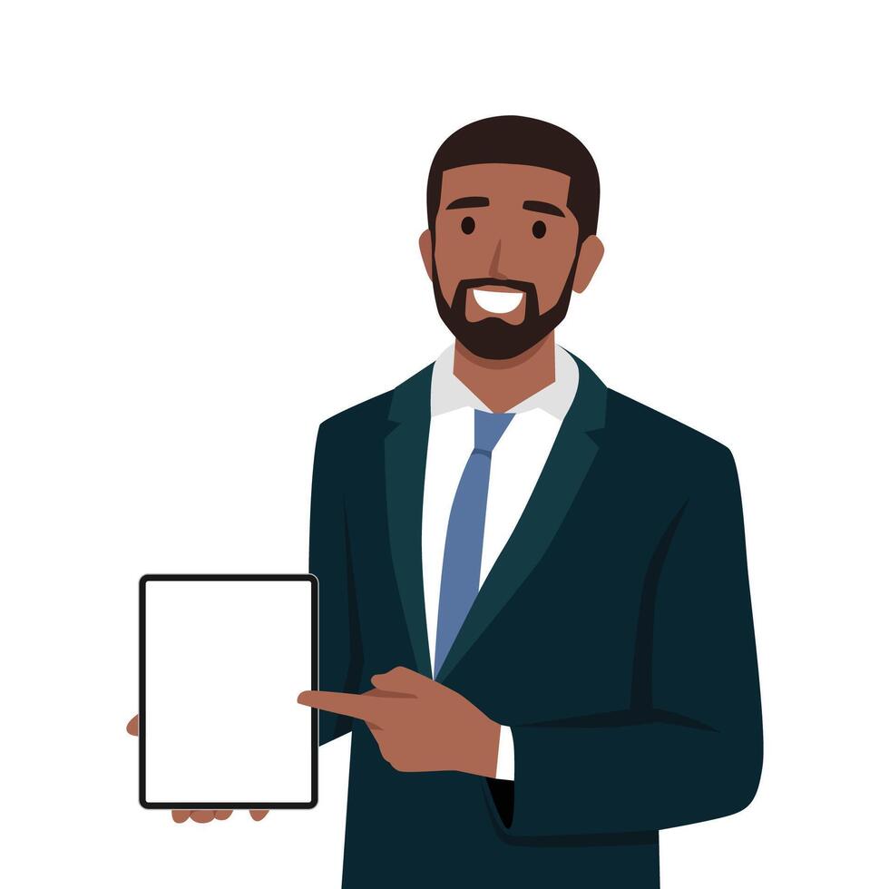 Happy confident black business man showing a blank screen tablet. vector