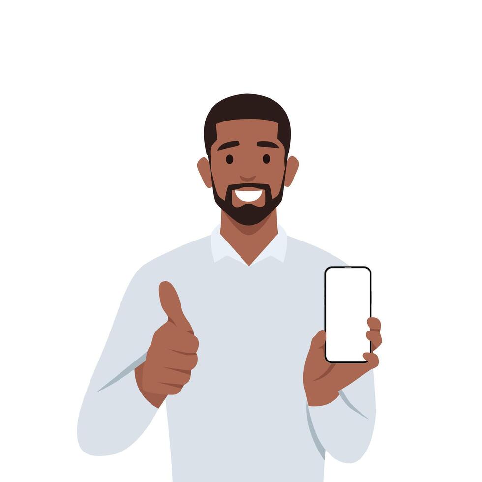 Happy young man showing phone and showing thumbs up or like sign. Mobile phone technology concept. vector