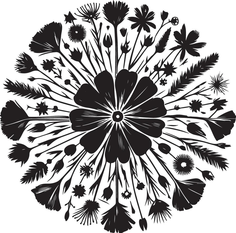 Top view of pressed flower , black color silhouette vector