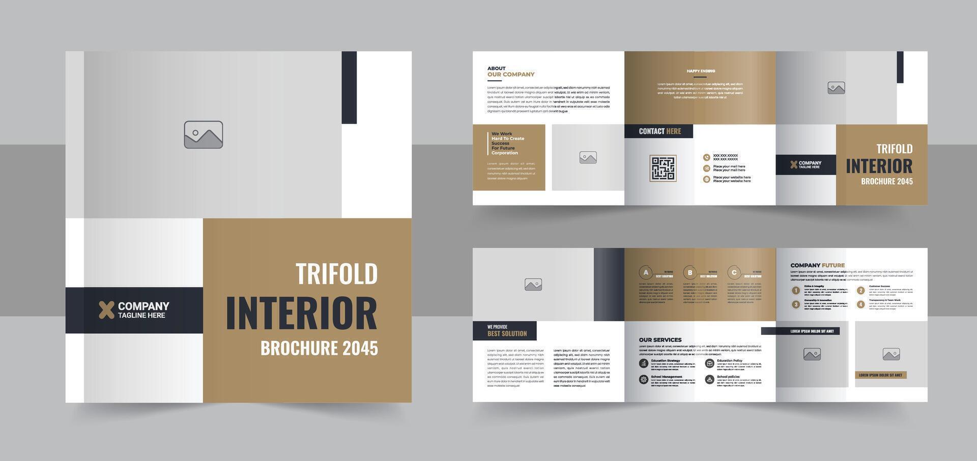 Interior design square trifold brochure, Interior design magazine layout or Modern interior design portfolio layout template vector