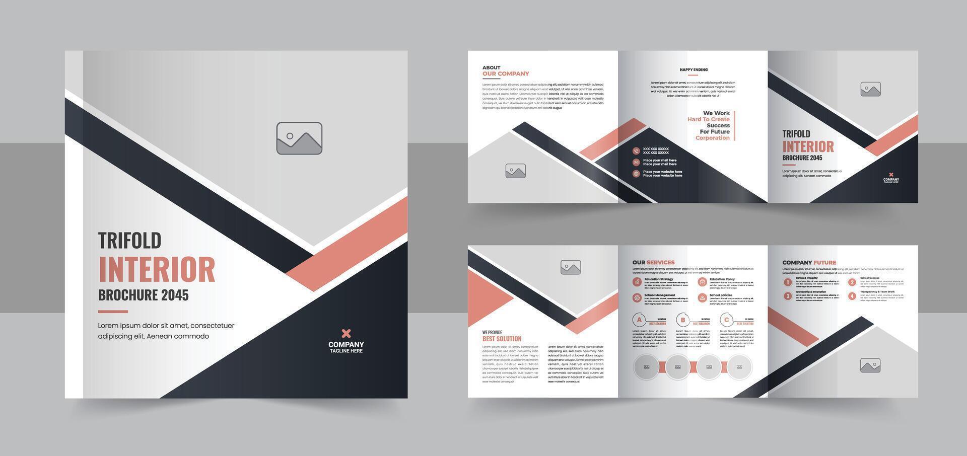 Interior design square trifold brochure, Business interior design portfolio layout template or Interior design magazine layout vector