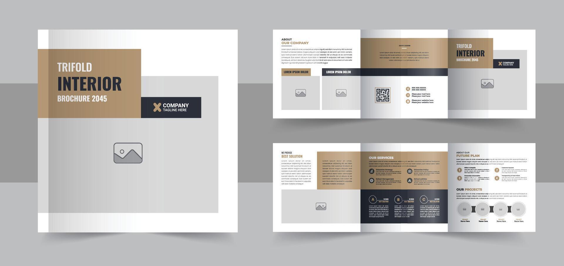 Interior design square trifold brochure design, Interior design magazine layout vector