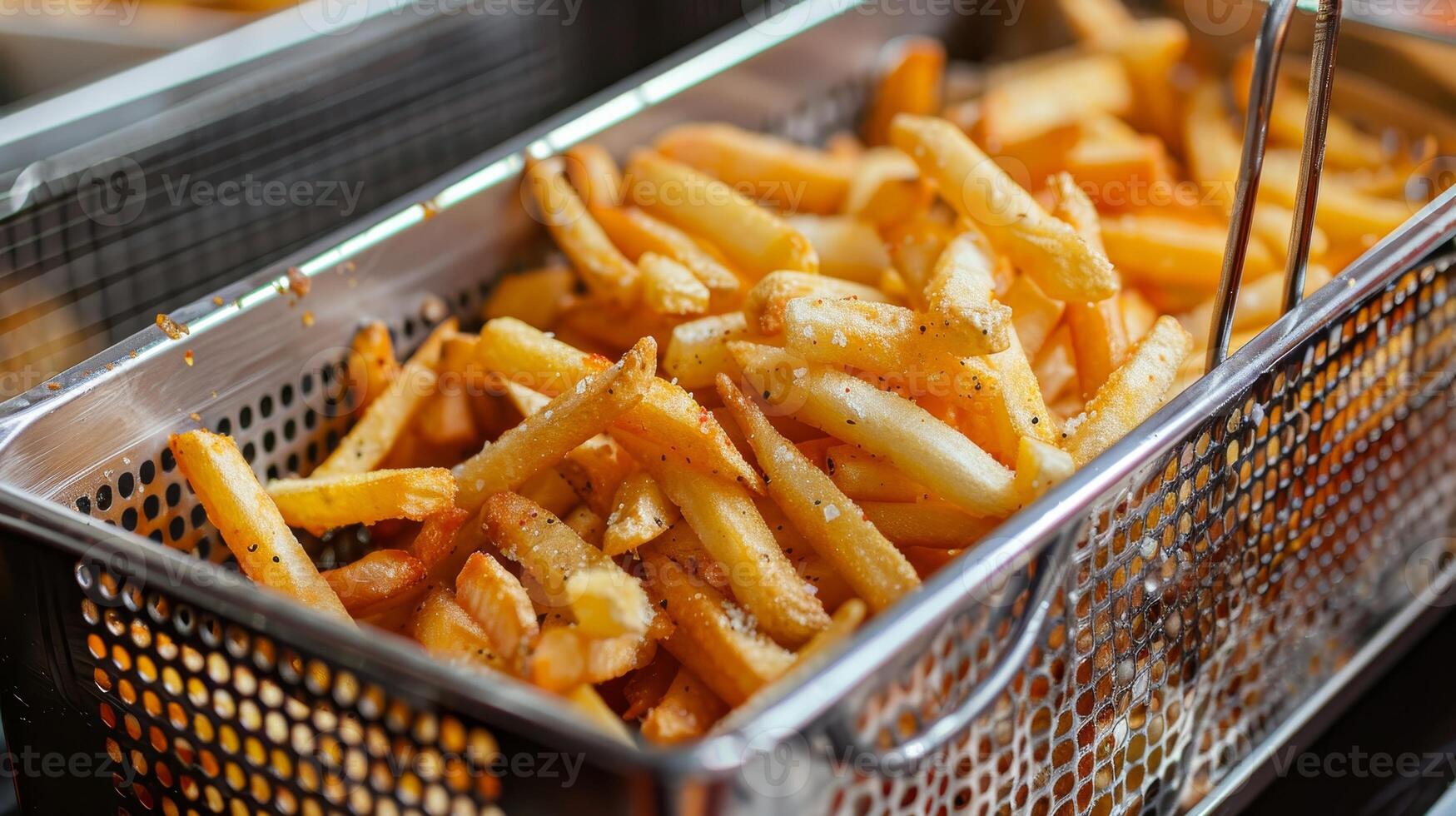 Close up of perfectly cooked french fries in a deep fryer, crispy and golden fries photo
