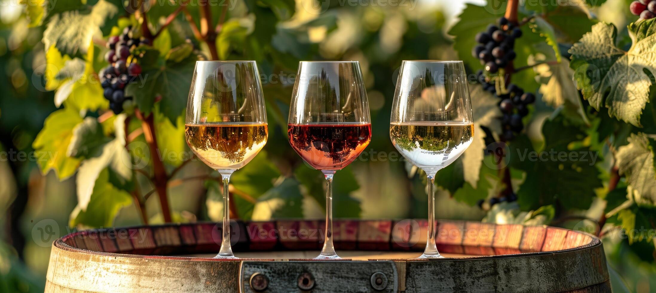 Artistically displayed white, rose, and red wines on wooden barrel in charming vineyard photo