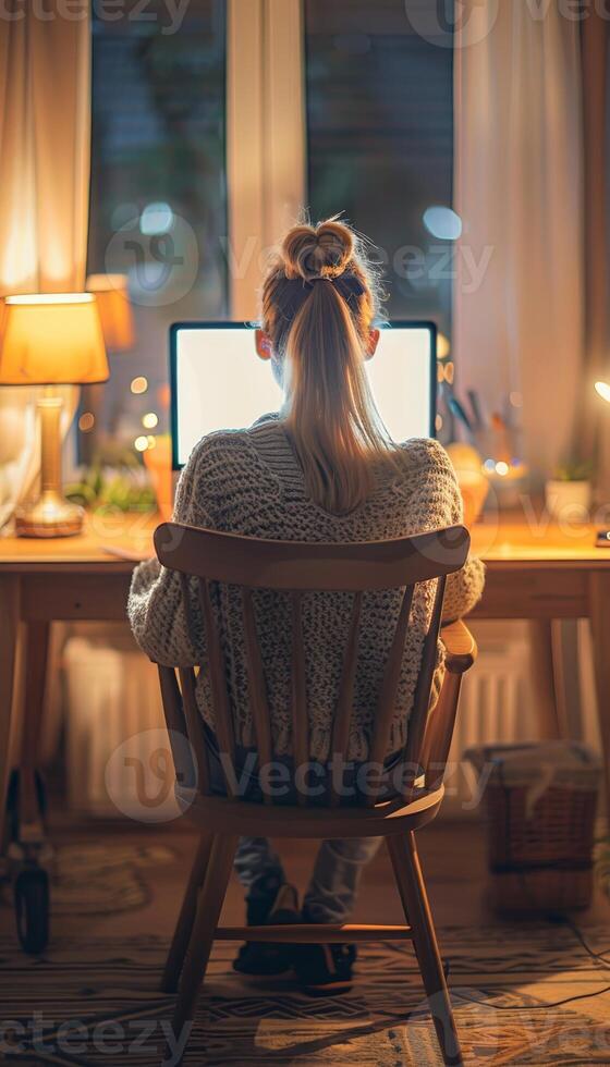 Young woman creating social media content on desktop computer at office desk for online platforms photo