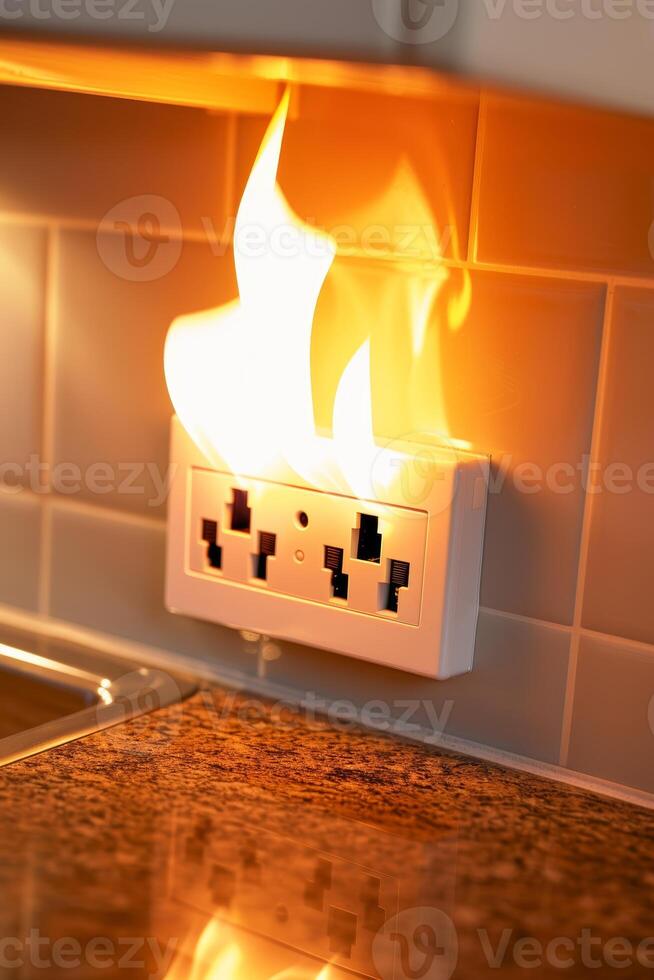 Electrical socket ablaze, presenting a severe fire hazard, dangerously burning on the wall photo