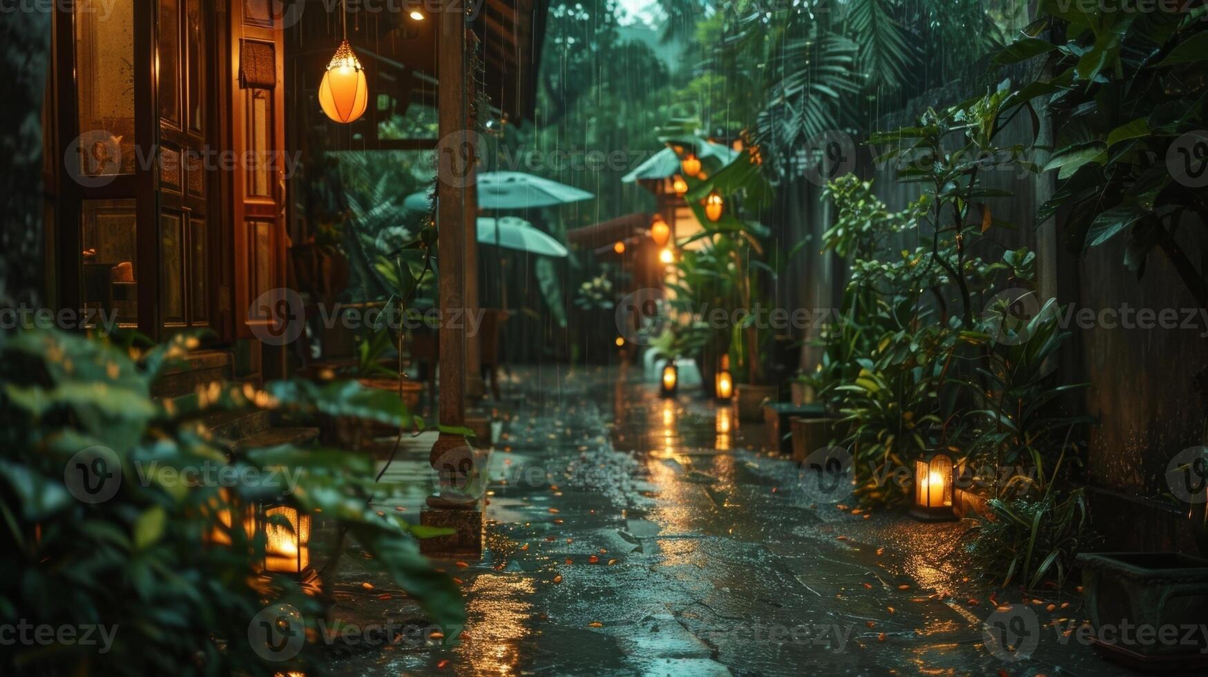 The gentle sound of rain can be heard as a light drizzle falls adding to the cozy and intimate atmosphere. 2d flat cartoon photo