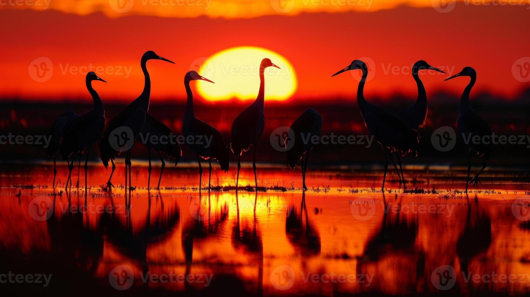 With the sun slowly dipping below the horizon the silhouettes of cranes are cast against a backdrop of vibrant colors creating a strikingly beautiful scene photo