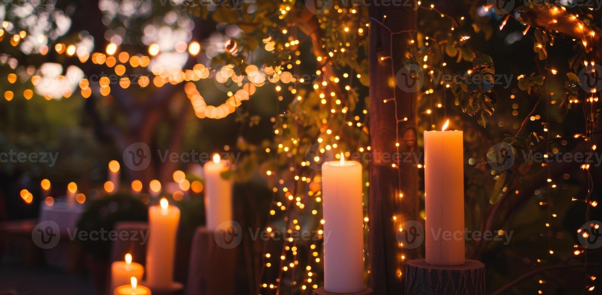 Delicate string lights are intertwined with the candles adding a romantic and whimsical touch to the astronomy observation night. 2d flat cartoon photo