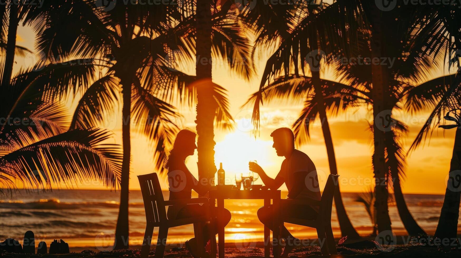 A couple enjoying a romantic dinner under a canopy of palm trees with the setting sun casting a warm glow over the scene photo