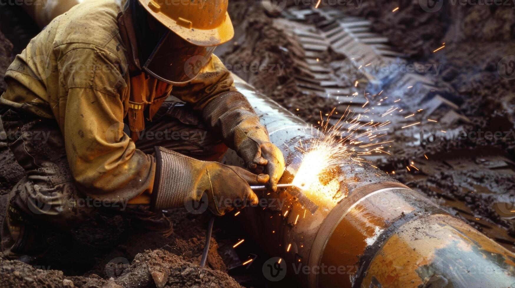 A worker using a ting torch to modify a large pipe section to fit a specific angle or curve in the trench photo