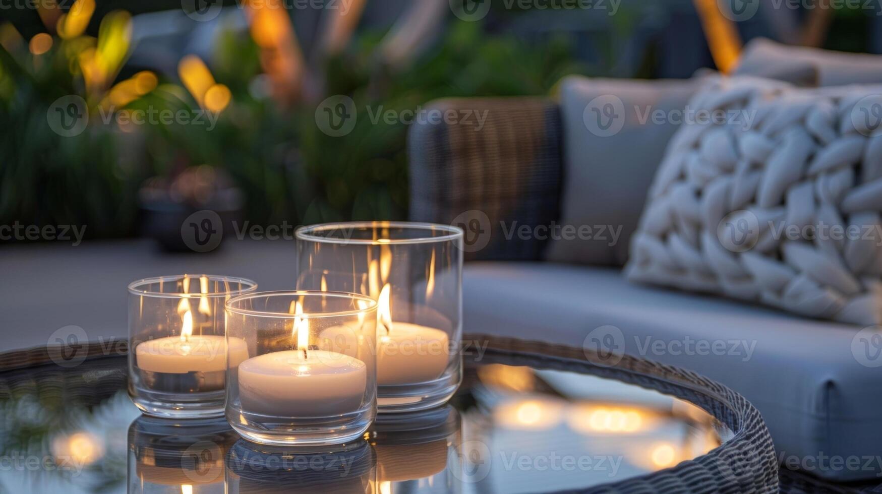 A small table is adorned with candles their flames dancing in the gentle breeze as they provide a warm and intimate light source. 2d flat cartoon photo