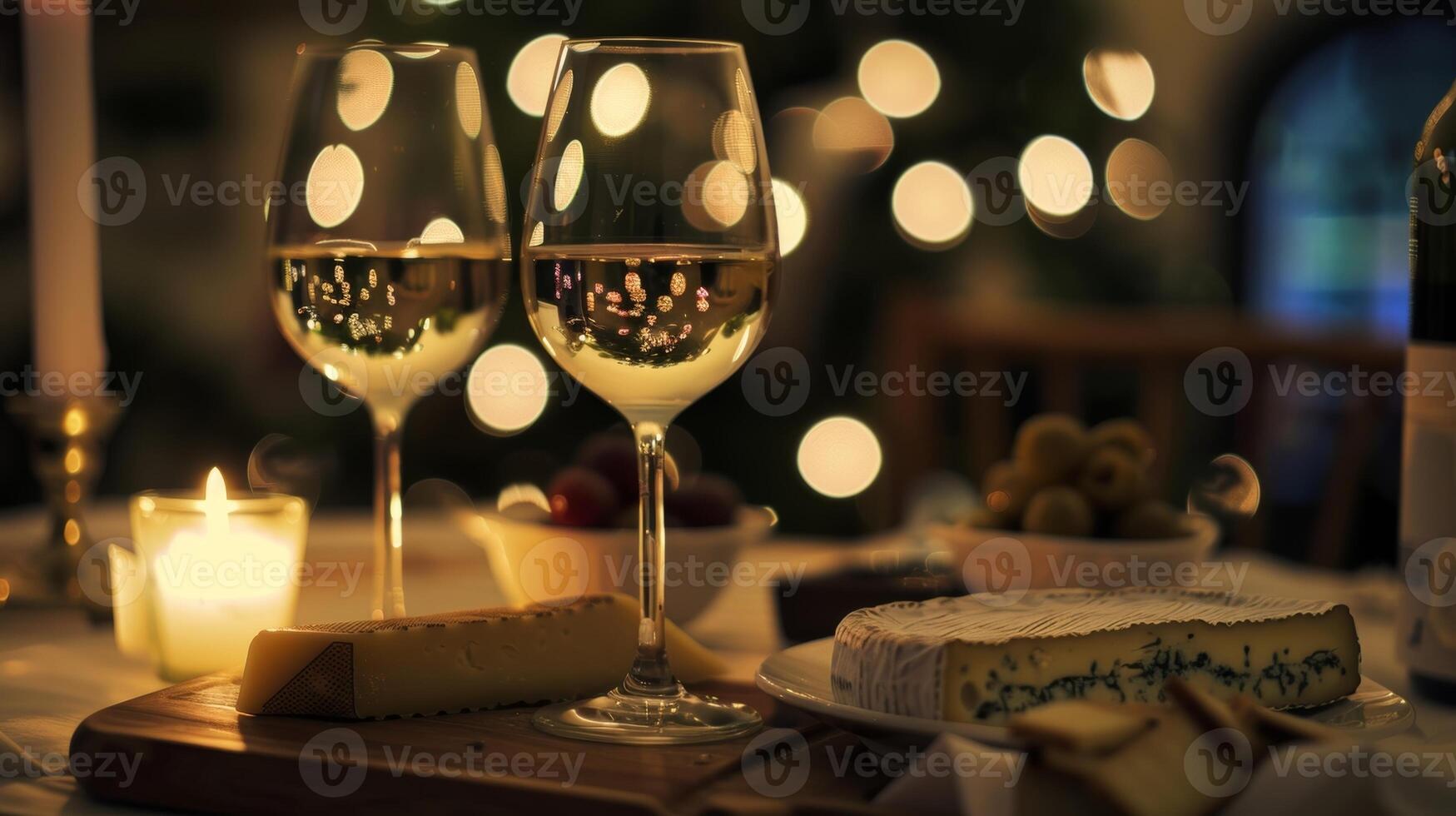 The inviting glow of the candles creates a sense of intimacy making the wine and cheese pairing event a perfect date night for couples. 2d flat cartoon photo