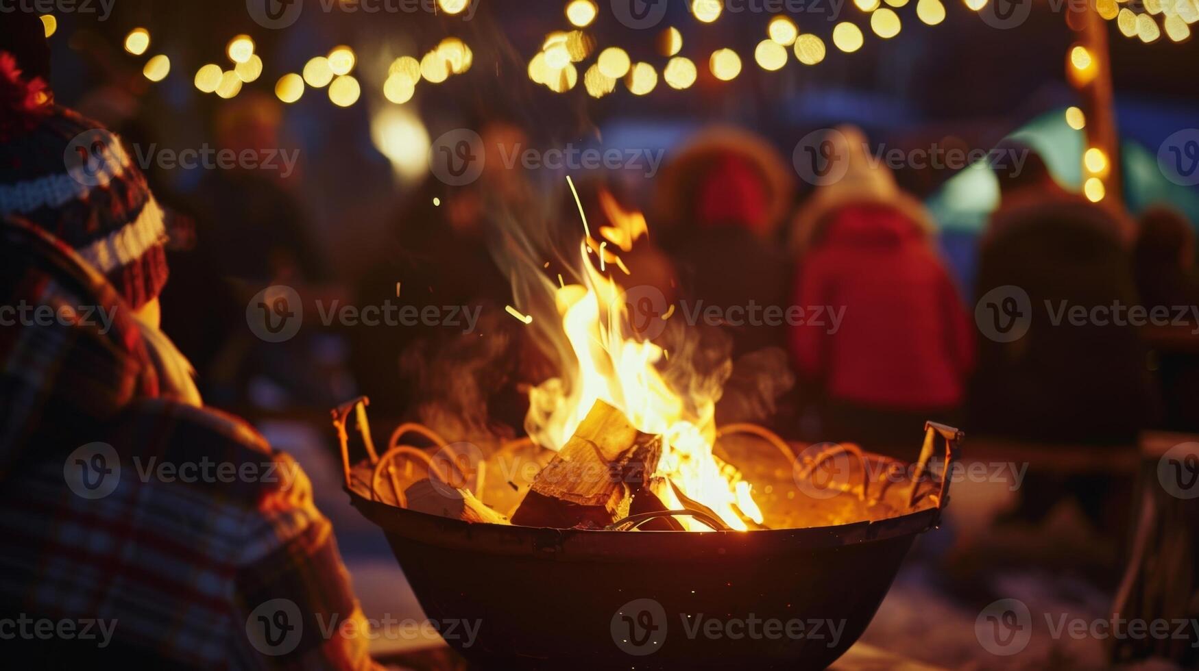 The warm glow of the fire illuminates the faces of the gathered crowd creating a cozy and intimate atmosphere. 2d flat cartoon photo