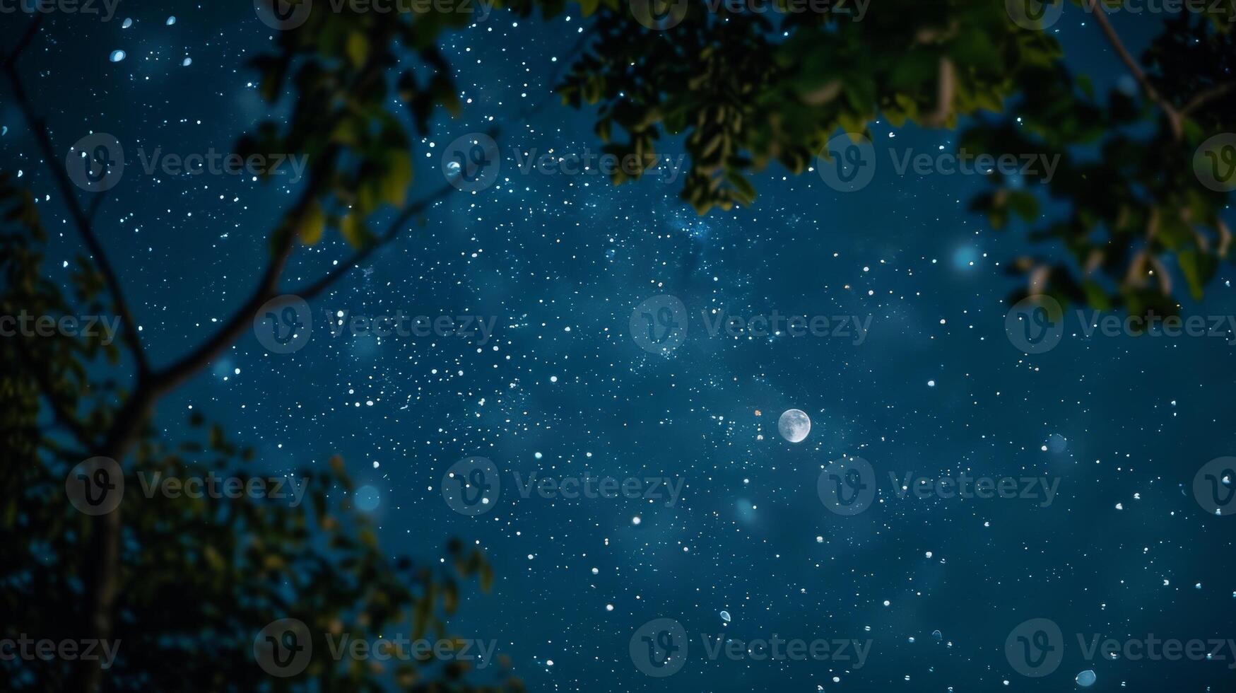 A stunning view of the night sky above dotted with stars and a full moon. 2d flat cartoon photo