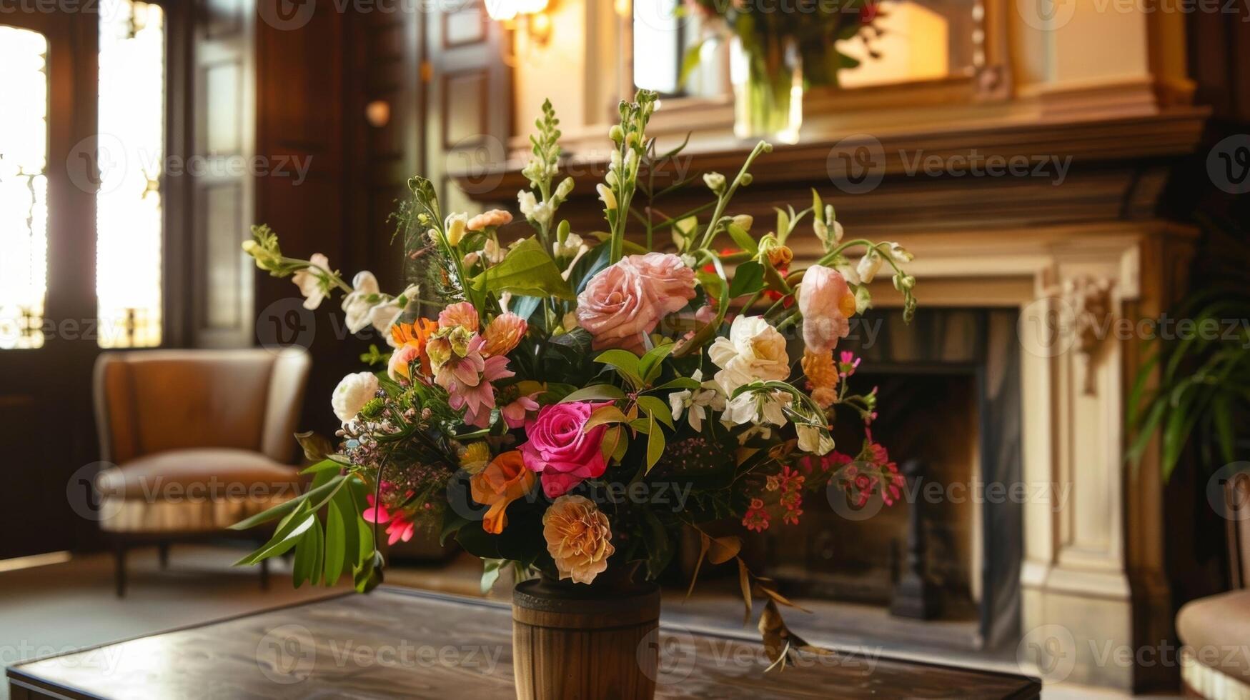 A large vase filled with fresh flowers sits atop the mantel of the fireplace adding a touch of nature to the inviting corner of the boutique hotel lobby. 2d flat cartoon photo