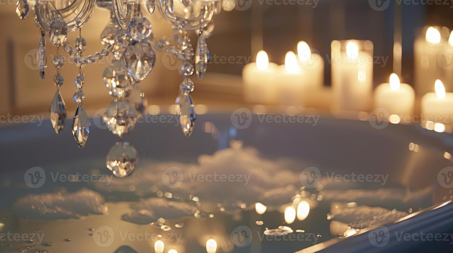 A crystal chandelier hangs above the tub reflecting the flickering candlelight and adding a touch of opulence to the scene photo