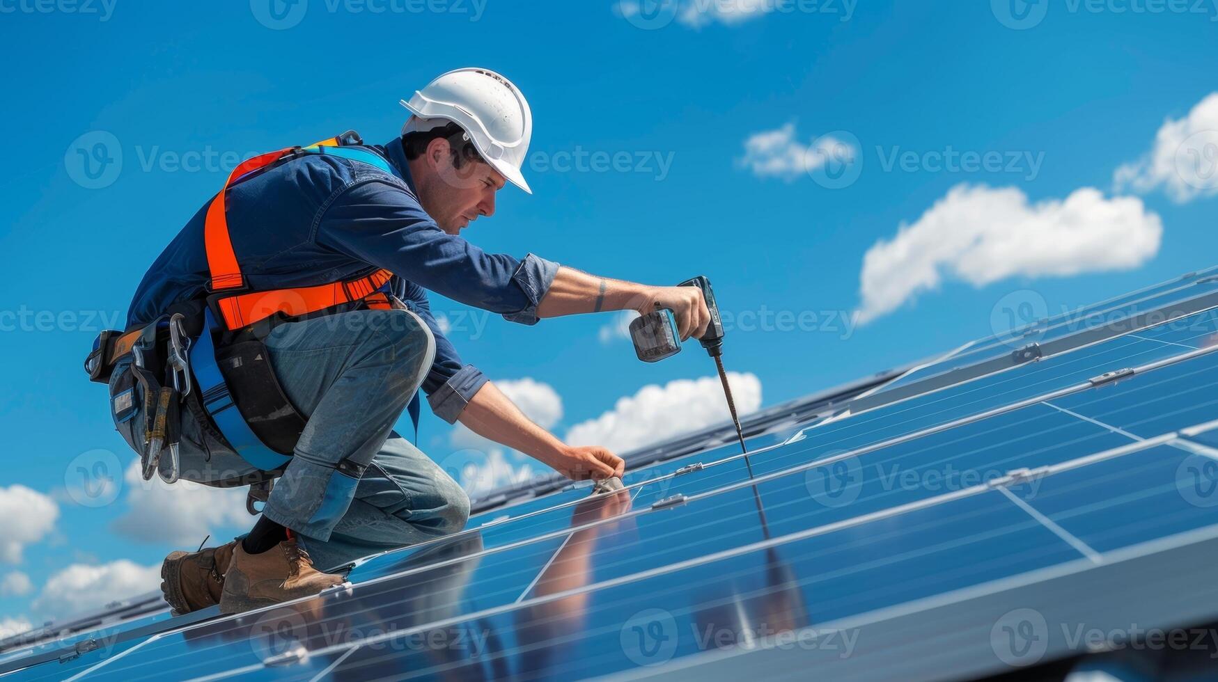 Against a clear blue sky a worker hammers brackets into place for the secure placement of a panel photo