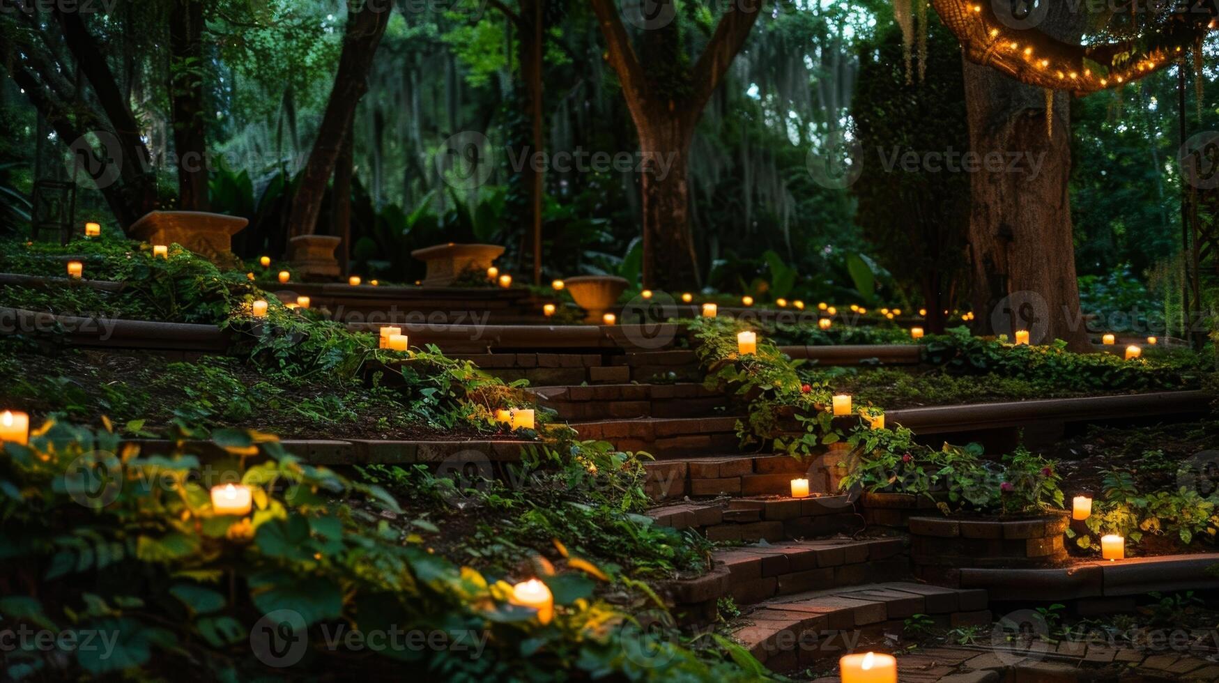 The gentle glow of candles dances on the lush greenery surrounding the amphitheater. 2d flat cartoon photo