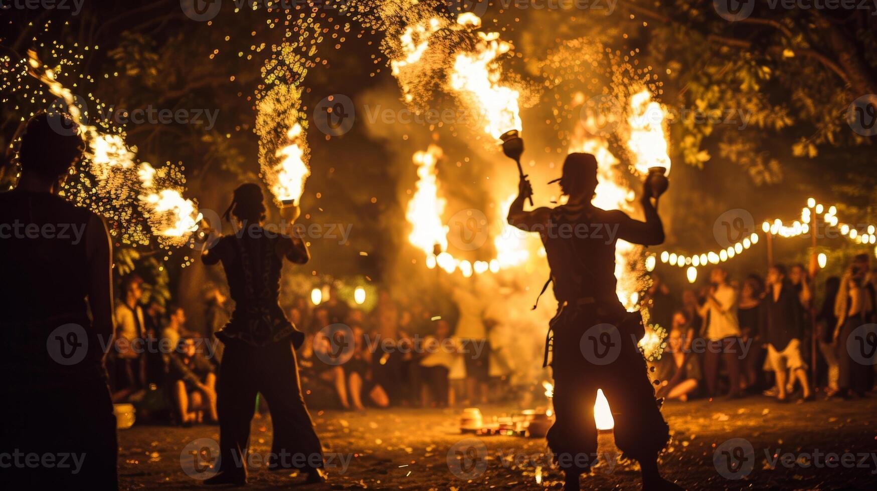 Dancing shadows play across the faces of the onlookers their eyes mesmerized by the intense heat of the fire. 2d flat cartoon photo