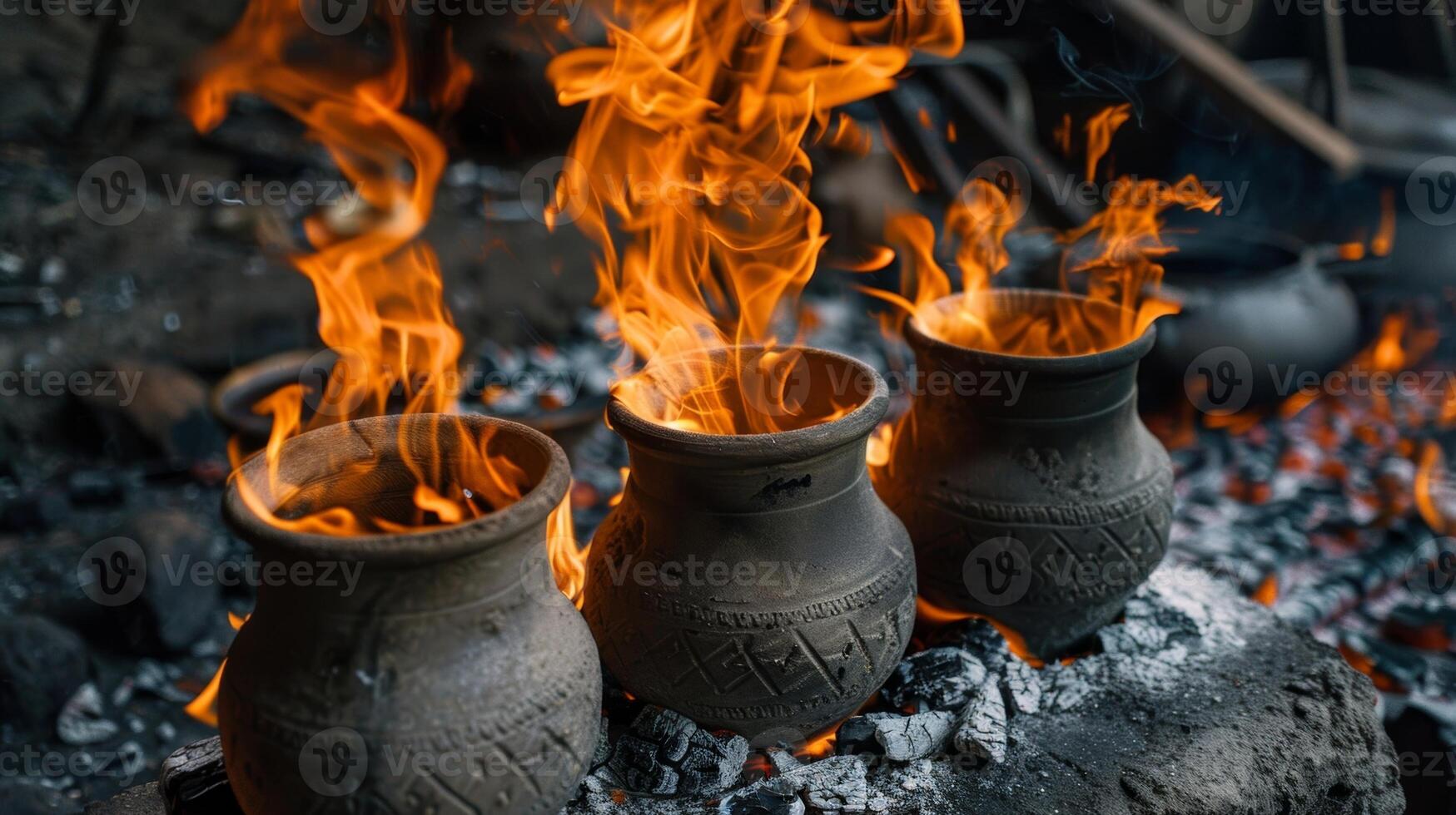 The flames lick at the sides of the carefully crafted pots leaving behind a trail of black soot as they continue to burn. 2d flat cartoon photo