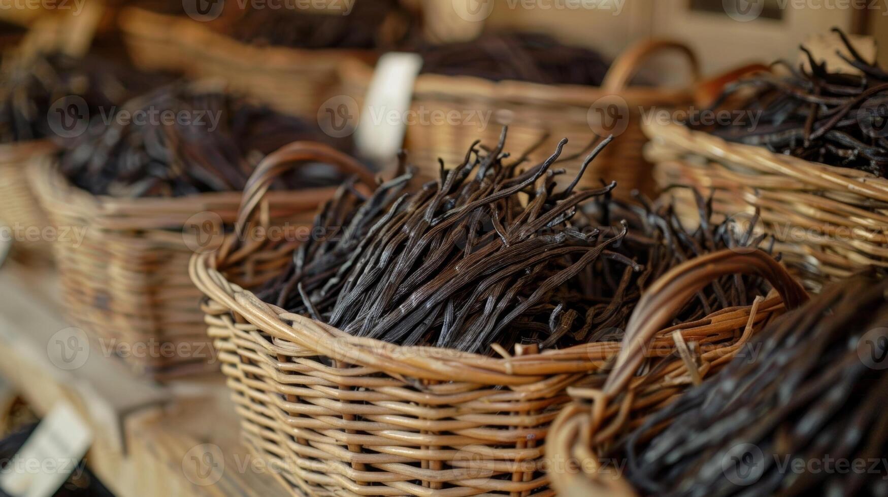 Baskets of plump fragrant vanilla beans beckon with their sweet scent photo