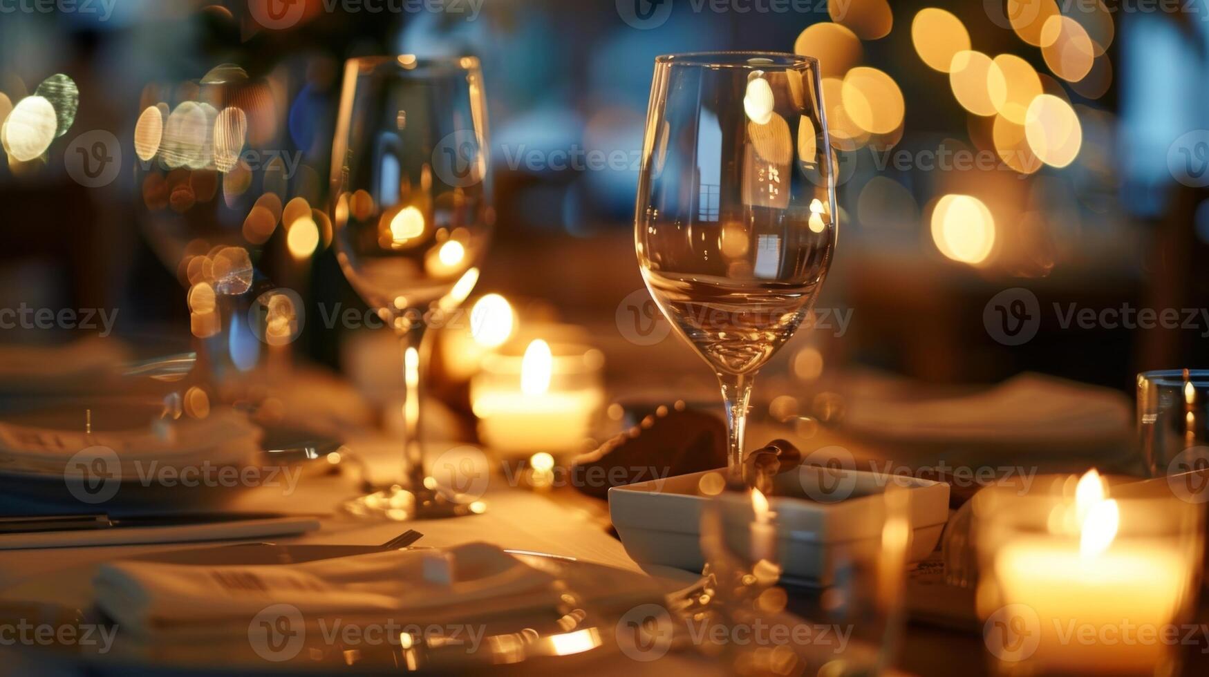 The candlelit tables are set with fine lery and elegant tableware giving a touch of sophistication to the cooking class. 2d flat cartoon photo