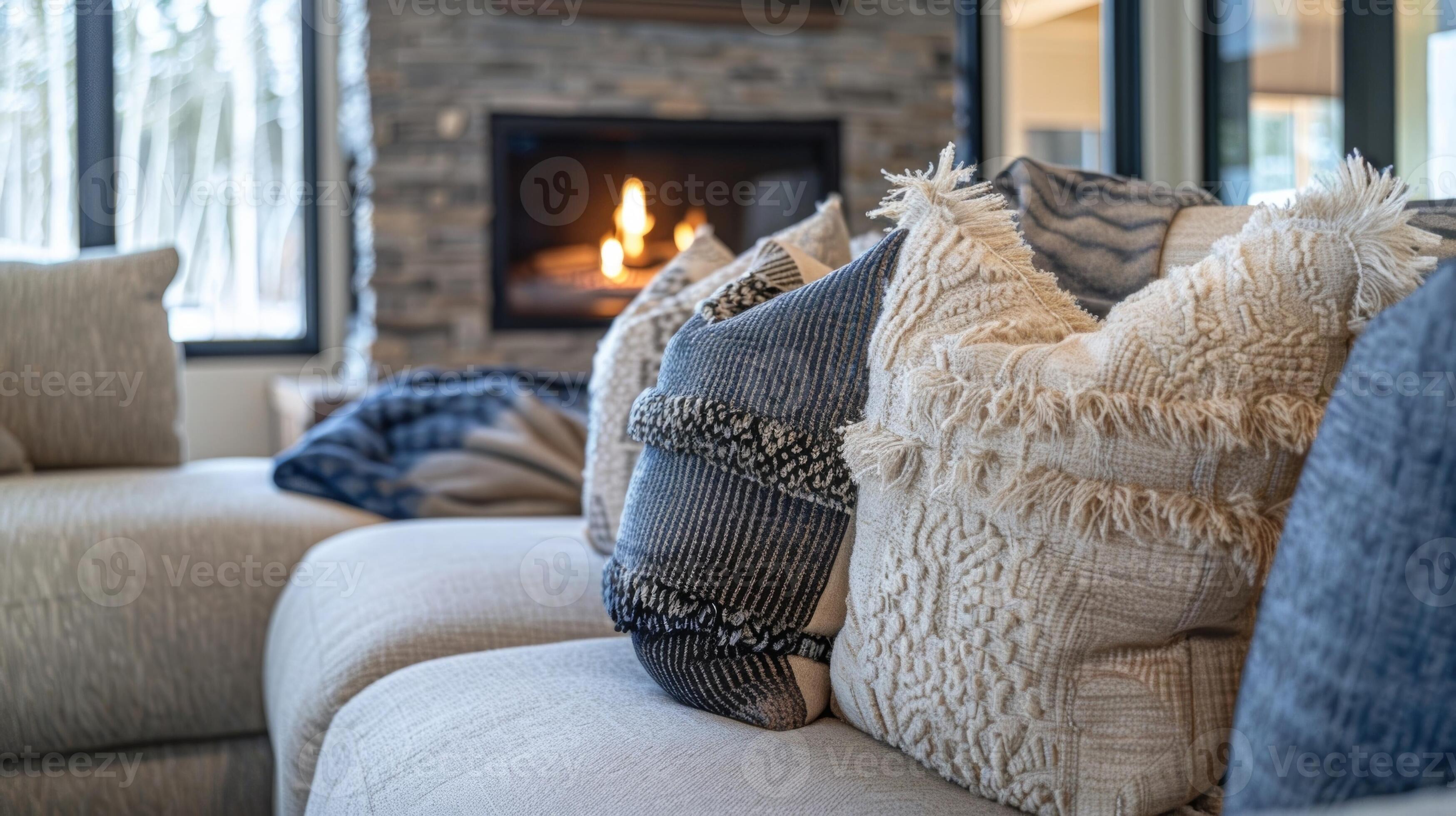 Overstuffed throw pillows in a variety of textures and patterns adorned