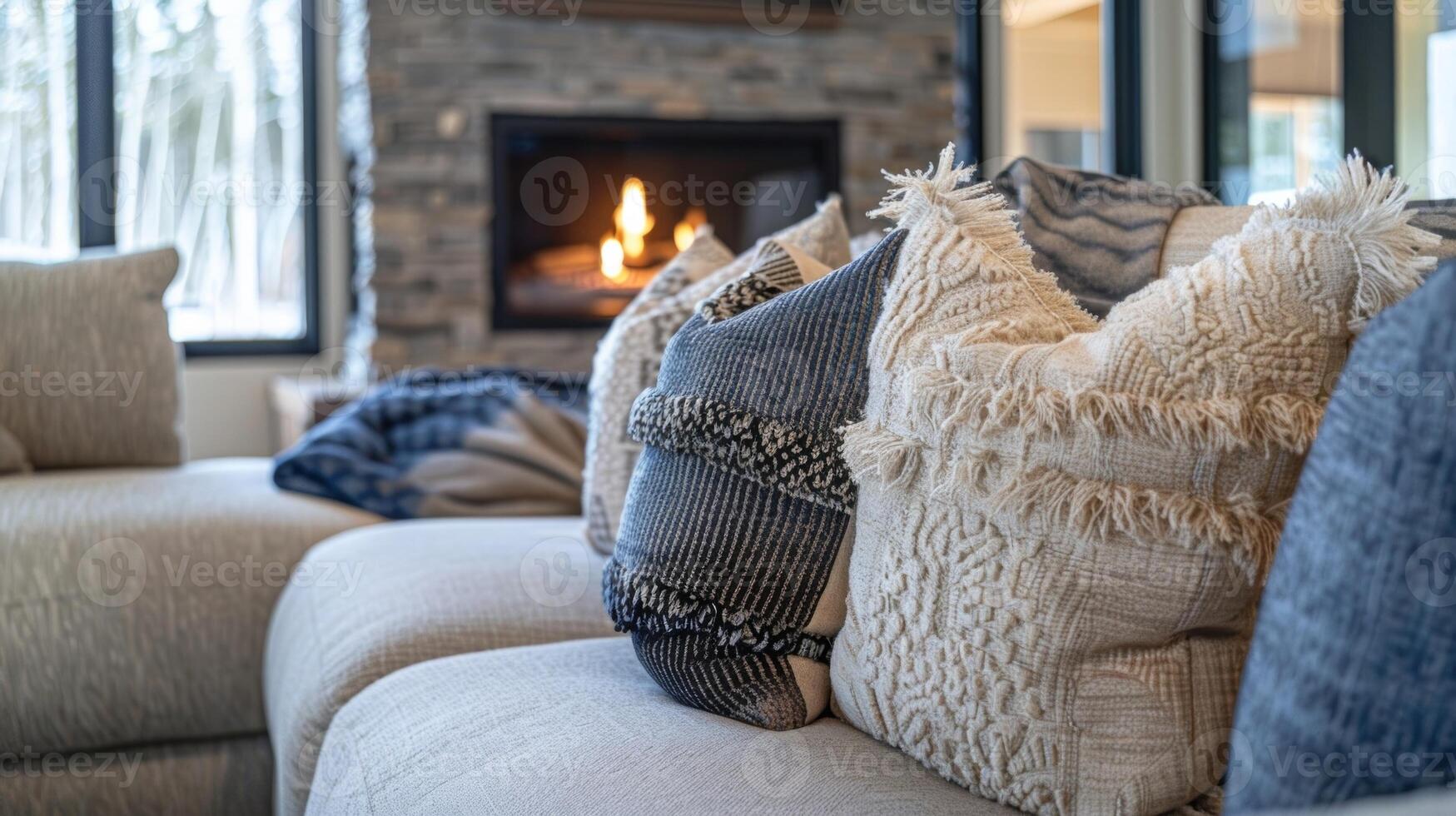 Overstuffed throw pillows in a variety of textures and patterns adorned the plush couches forming the ideal spot to curl up and relax in front of the fireplace. 2d flat cartoon photo