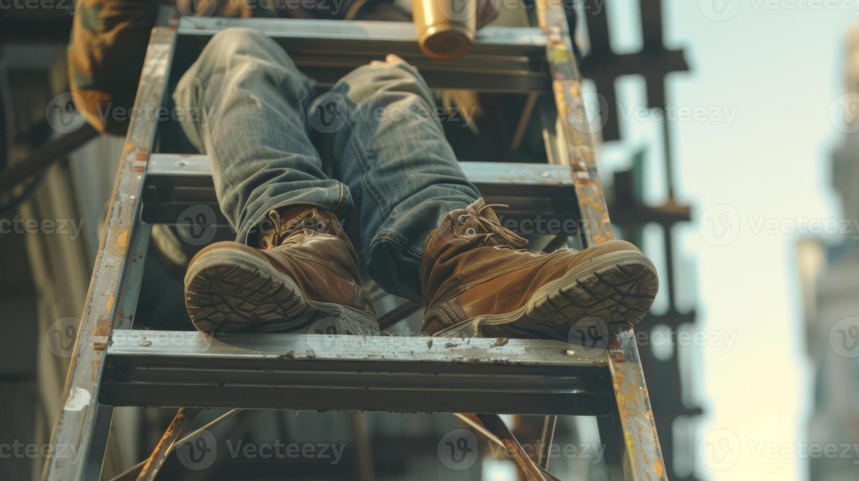 A construction worker sitting on a ladder taking a break and enjoying the warm beverage photo