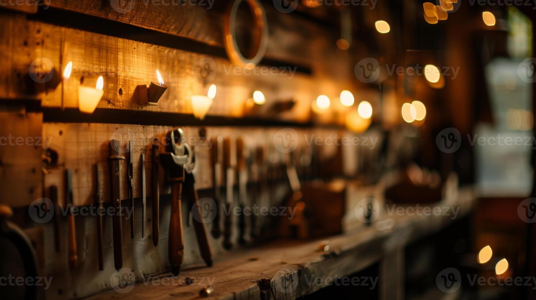 Tools hang neatly on the walls illuminated by the warm light of the candles waiting to be used in the hands of skilled craftsmen. 2d flat cartoon photo