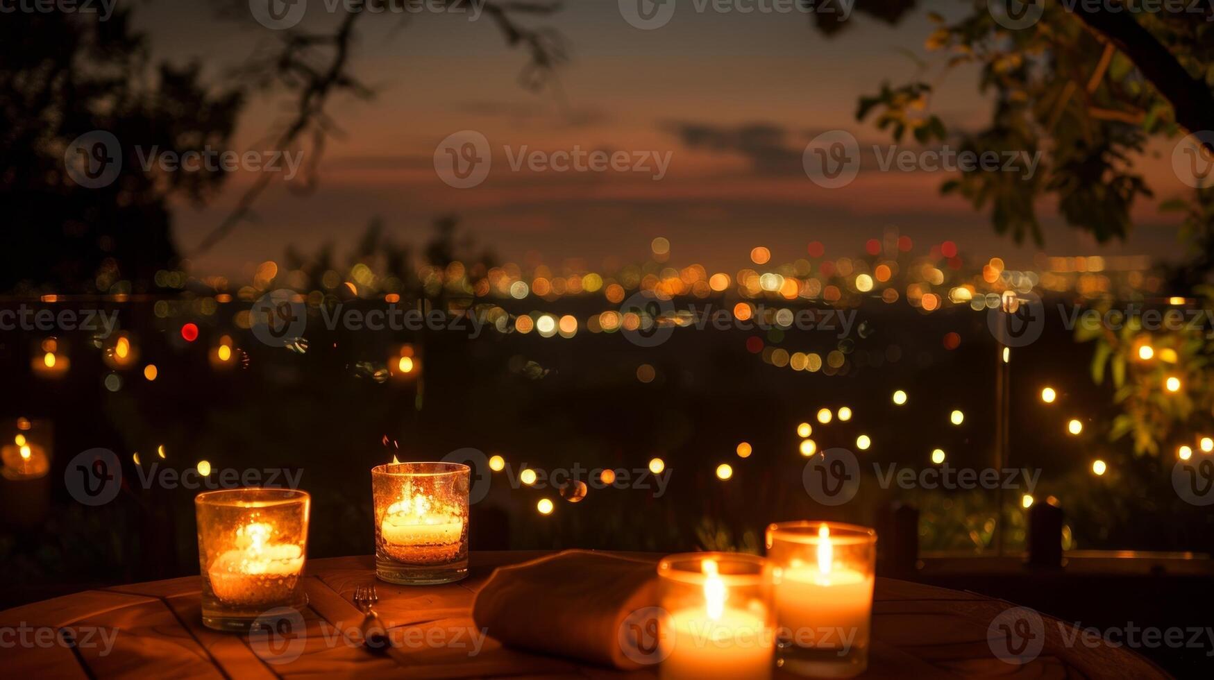 The le of city lights danced in the distance as the fire from the candles created a warm and inviting atmosphere. 2d flat cartoon photo
