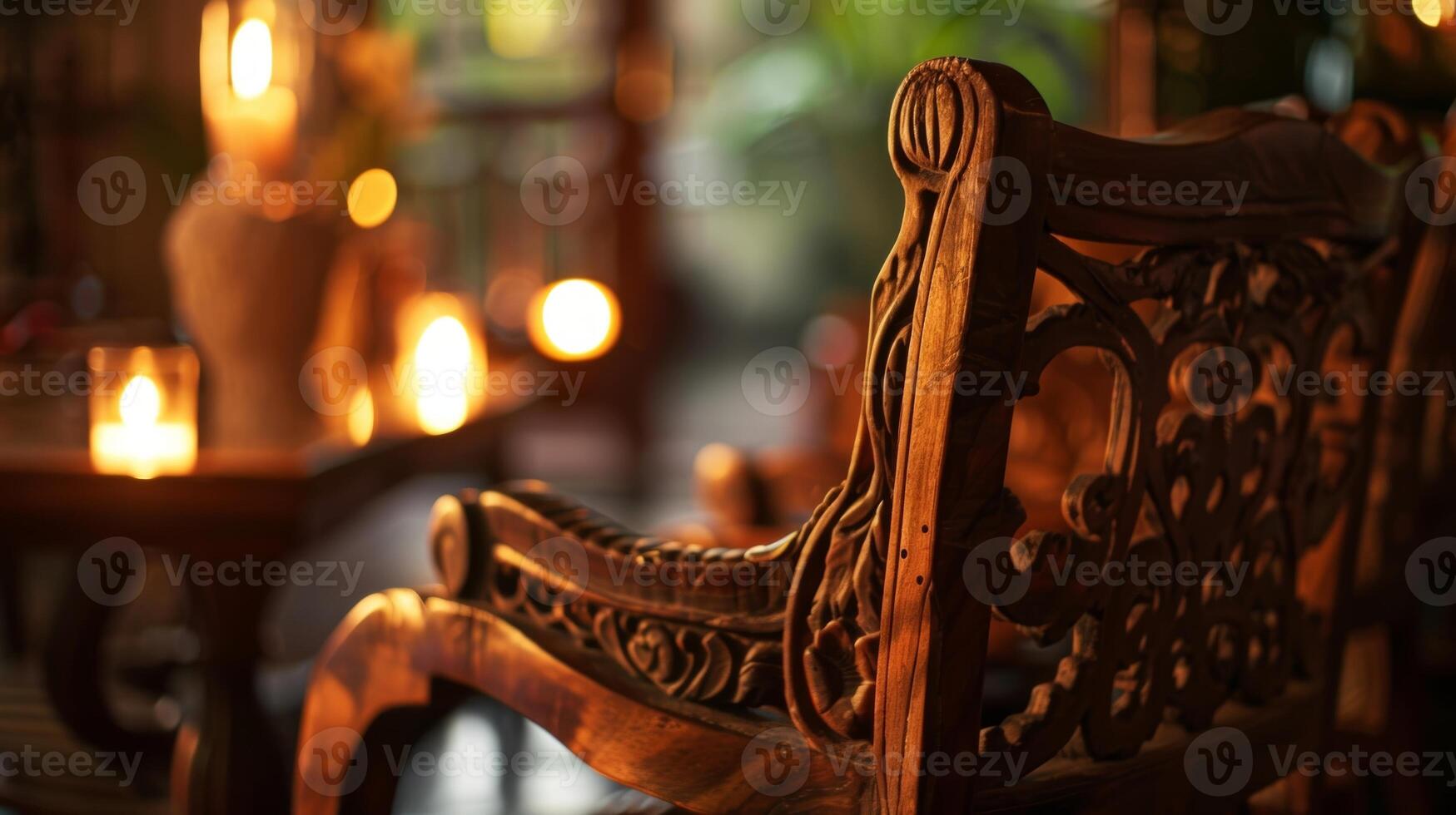 The soft light of the candles enhancing the natural beauty of the wooden chairs and their intricate carvings. 2d flat cartoon photo