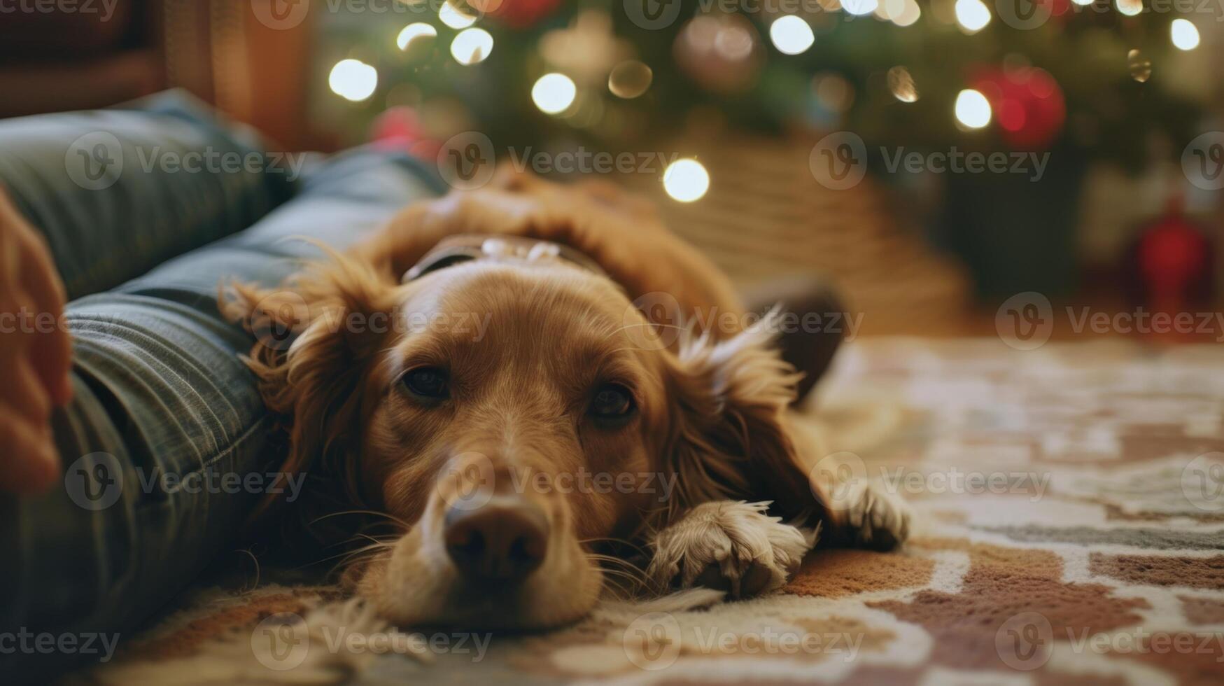 The family dog curls up at the feet of its owners content to be part of the festivities photo