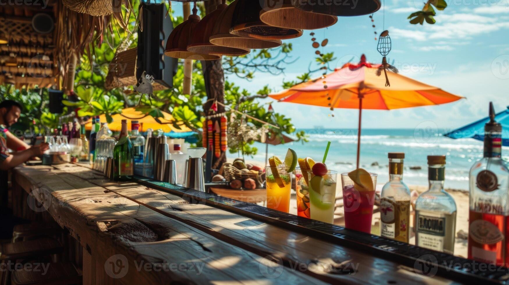 un de madera playa bar con un variedad de tropical cócteles sin alcohol siendo inventado por un barman rodeado por vibrante playa paraguas y el sonido de estrellarse olas foto