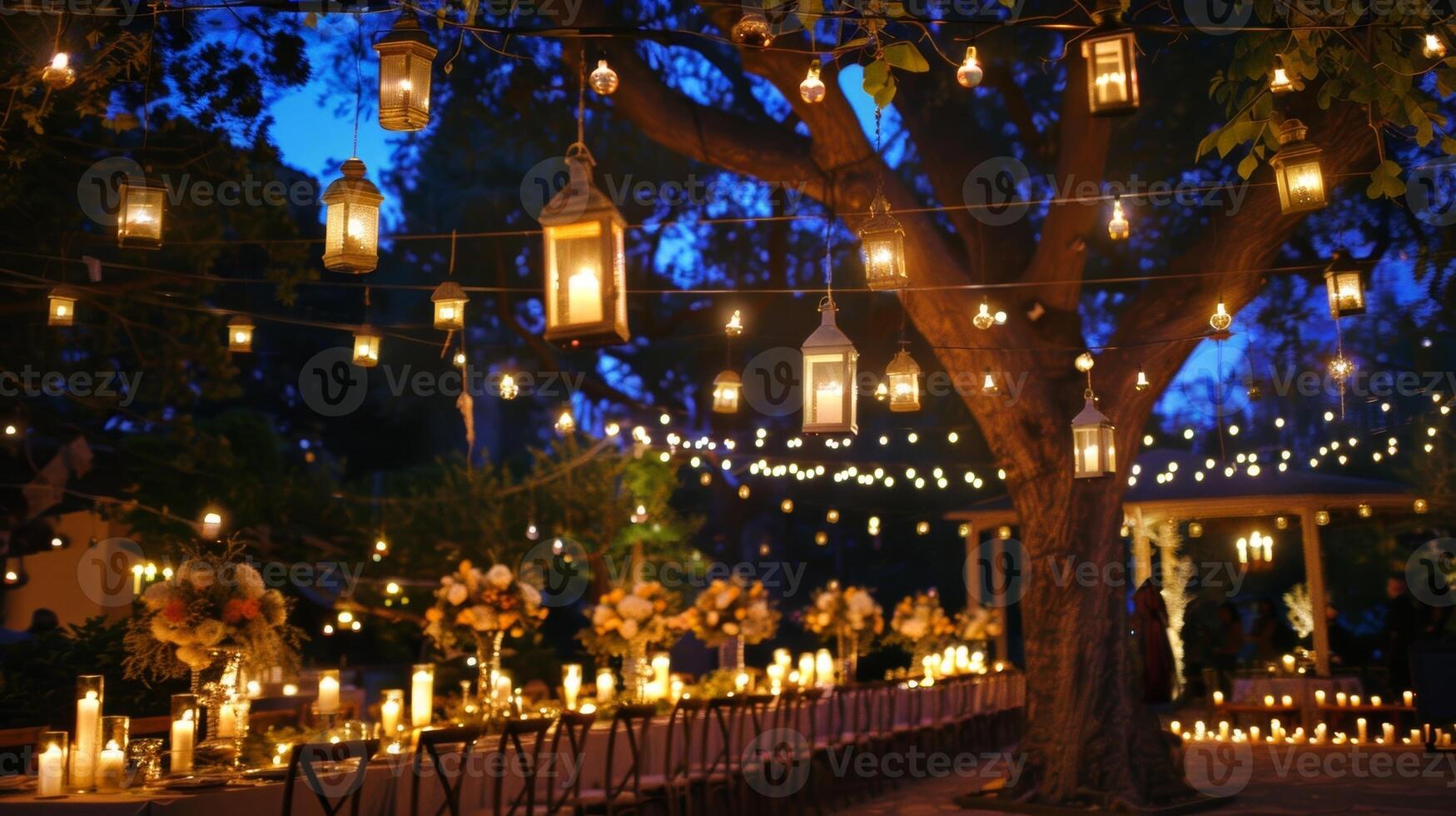 linternas y cuerda luces colgar encima fundición un mágico resplandor terminado el todo al aire libre zona acentuando el alumbrado por velas preparativos. 2d plano dibujos animados foto