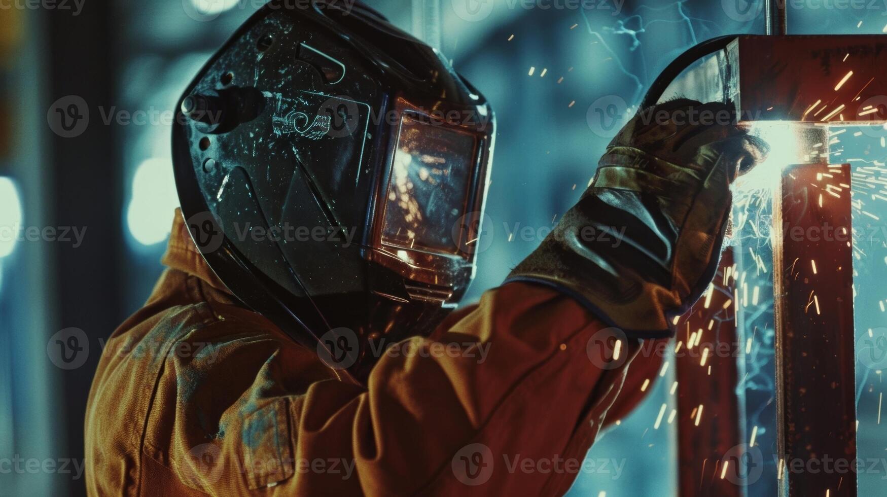 A welding mask protects the face of a skilled worker as they expertly fuse two metal beams together photo