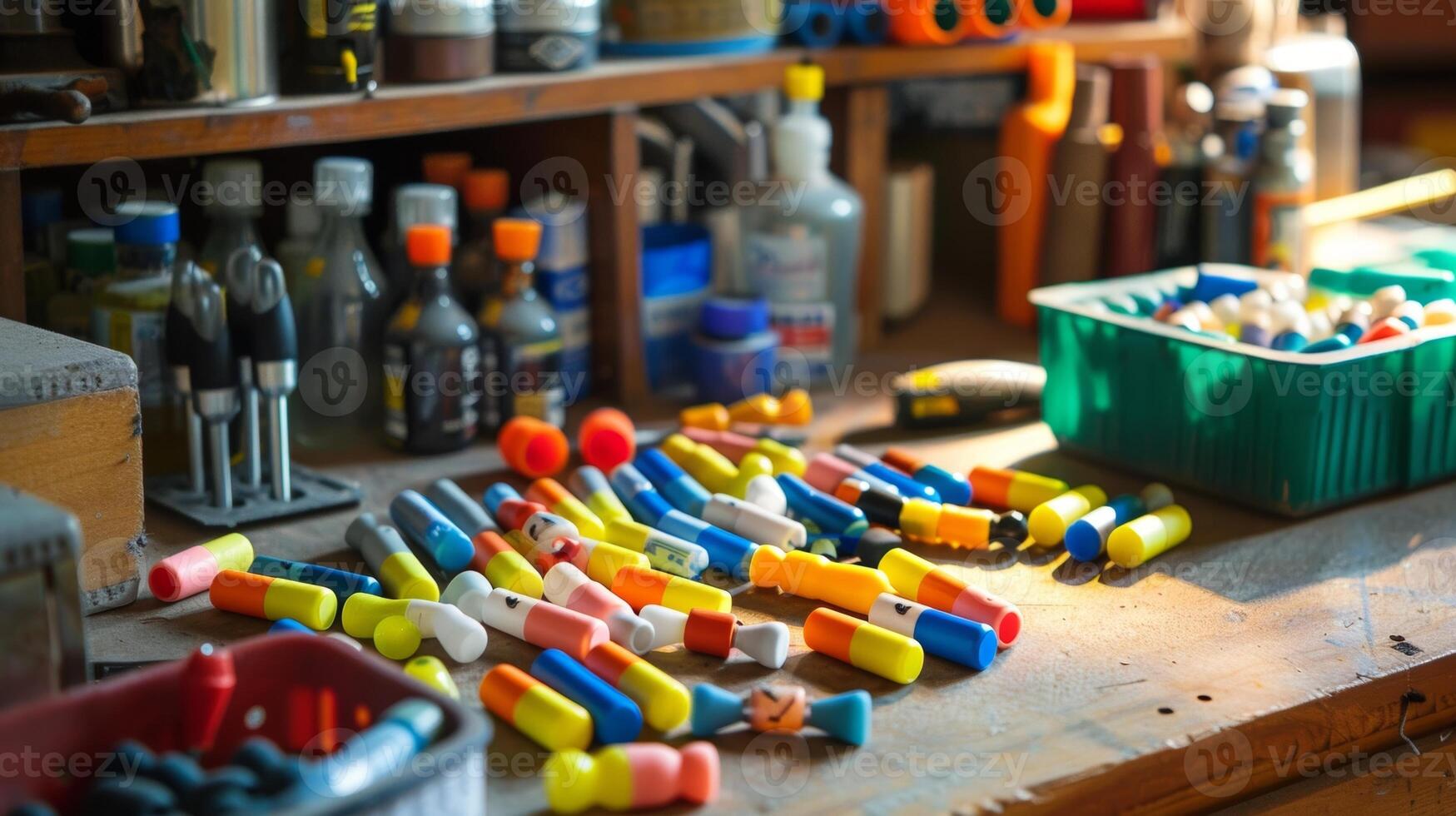 A collection of brightlycolored ear plugs neatly organized on a workbench ready to be used at the noisy construction site photo